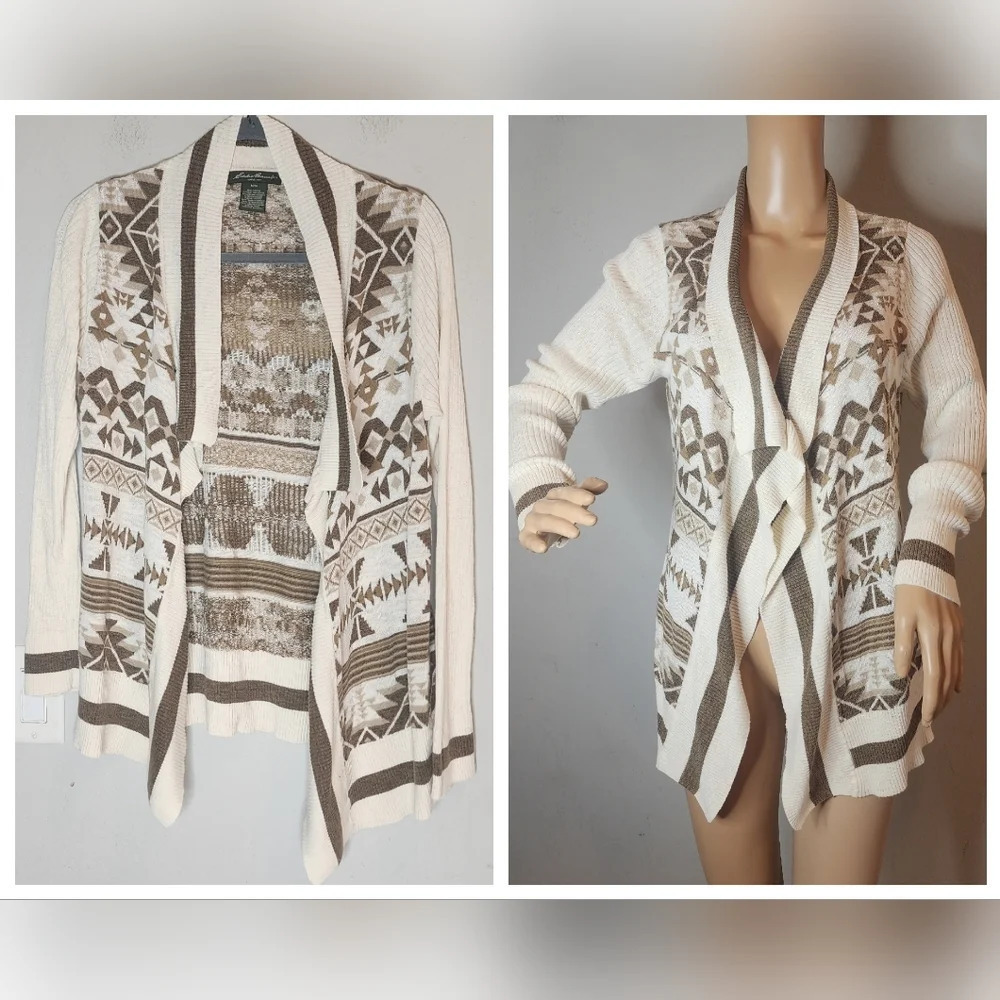 Eddie Bauer Knit Cardigan Open Front Aztec Cream Brown Cotton Viscose Size M